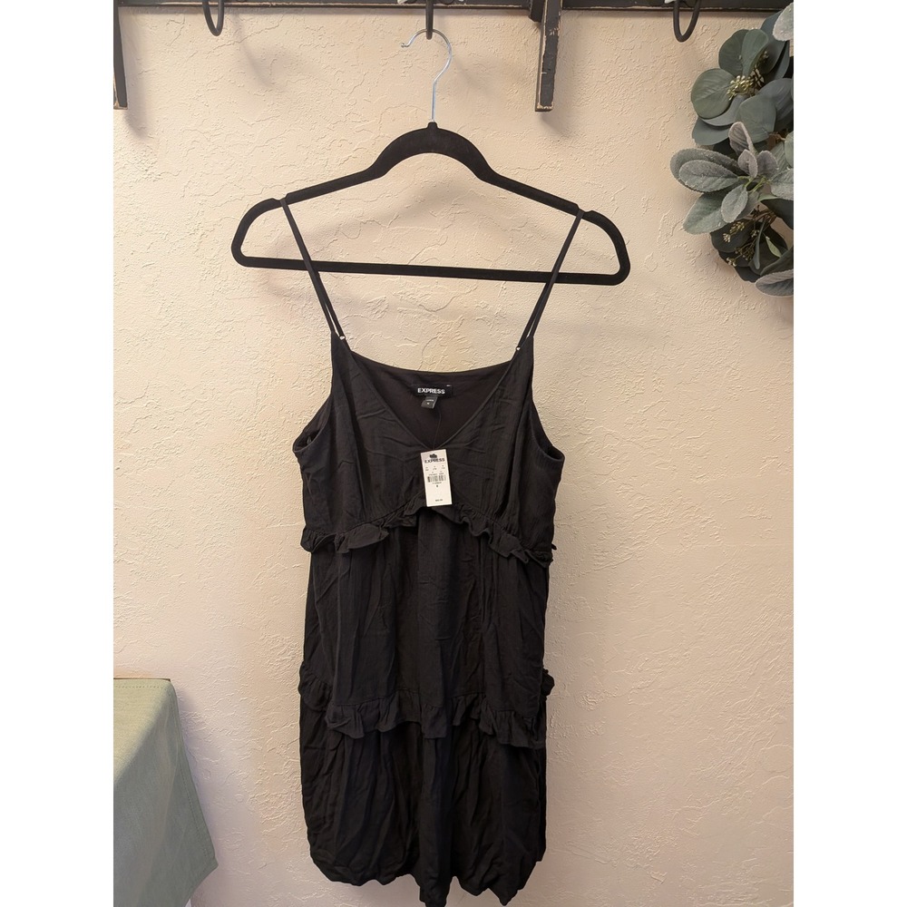 EXPRESS Black Ruffle Tiered Spaghetti Strap V Neck Mini Dress Size M